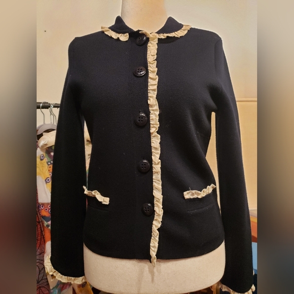 J. Crew Sweaters - J. Crew Navy Blue Button Front Wool Blend Cardigan with Cream Ruffle Accents